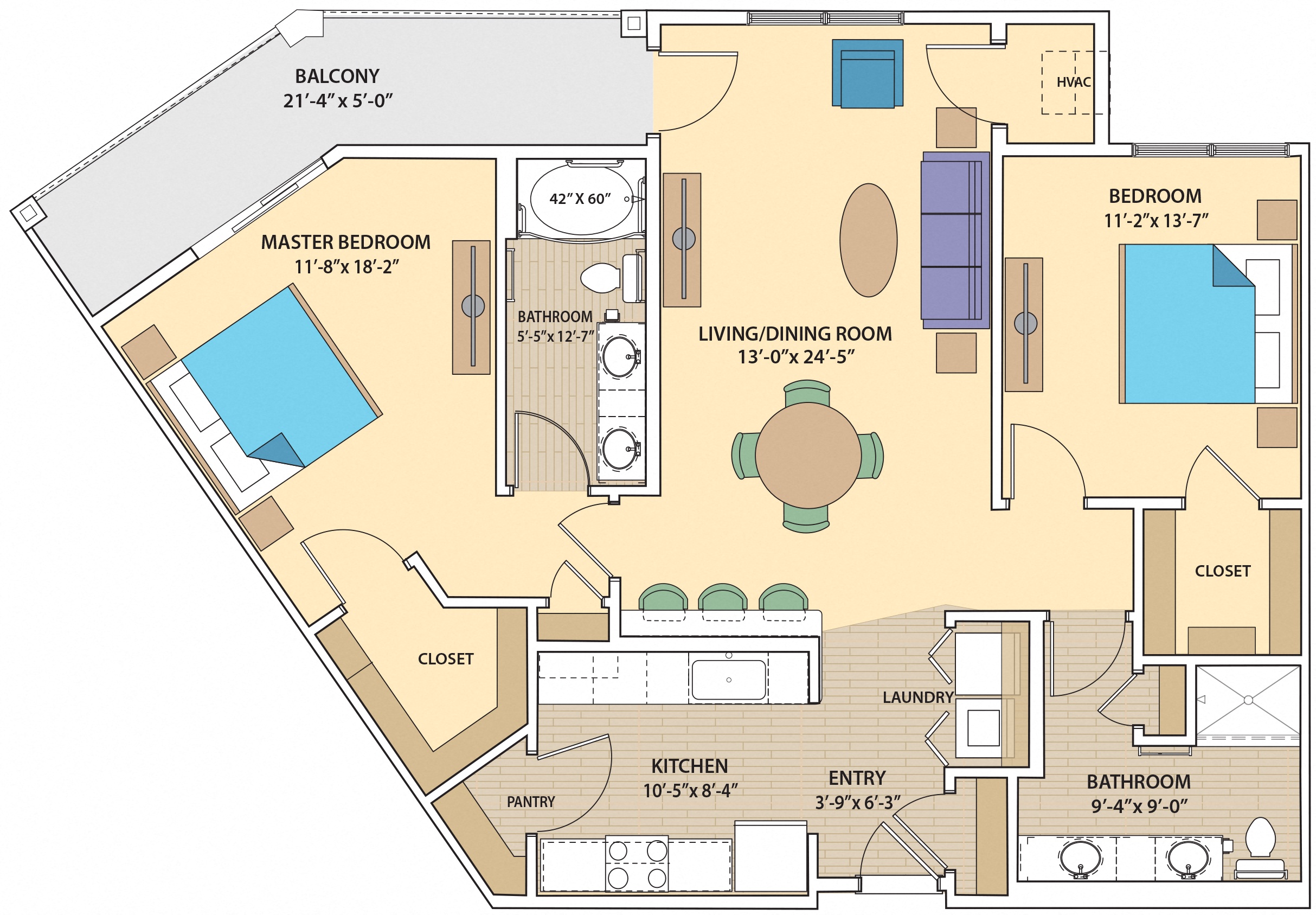 Floor plan for 2 beds, 2 baths, 1369 sqft